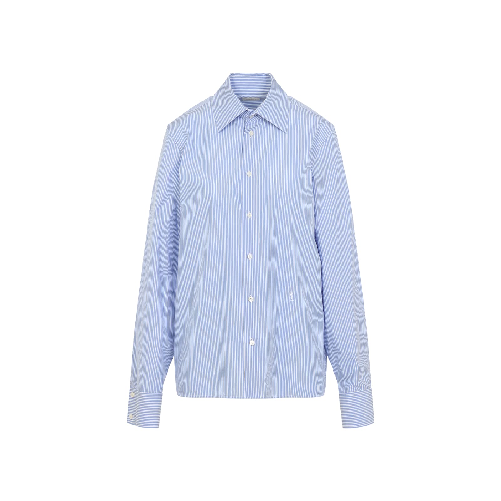 Saint Laurent Cassandre Striped Long-sleeved Shirt In Bleu Blanc