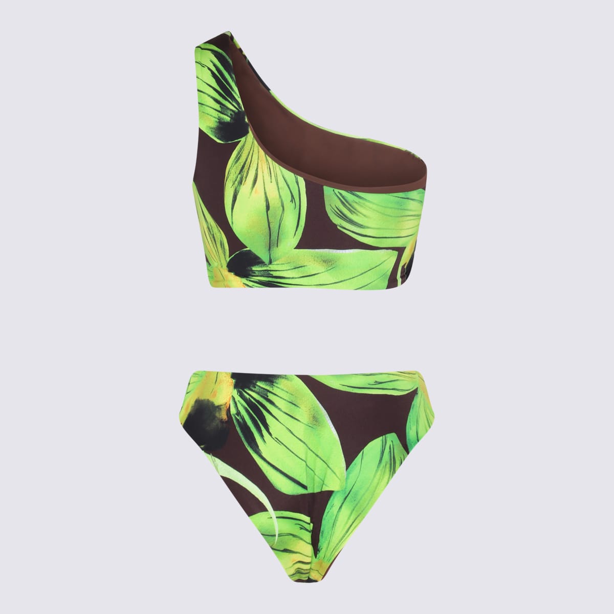 Green Leaf Print One Shoulder Swimsuit
