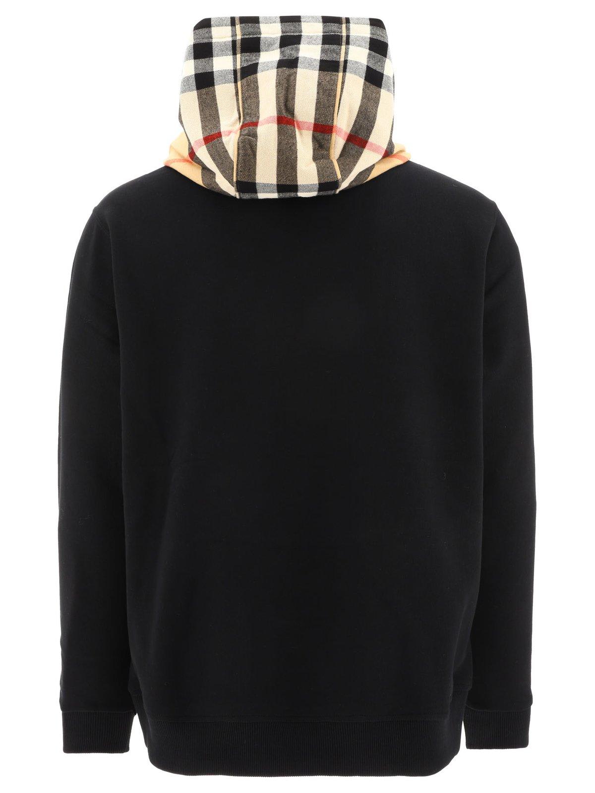 Shop Burberry Check Detailed Drawstring Hoodie In Black