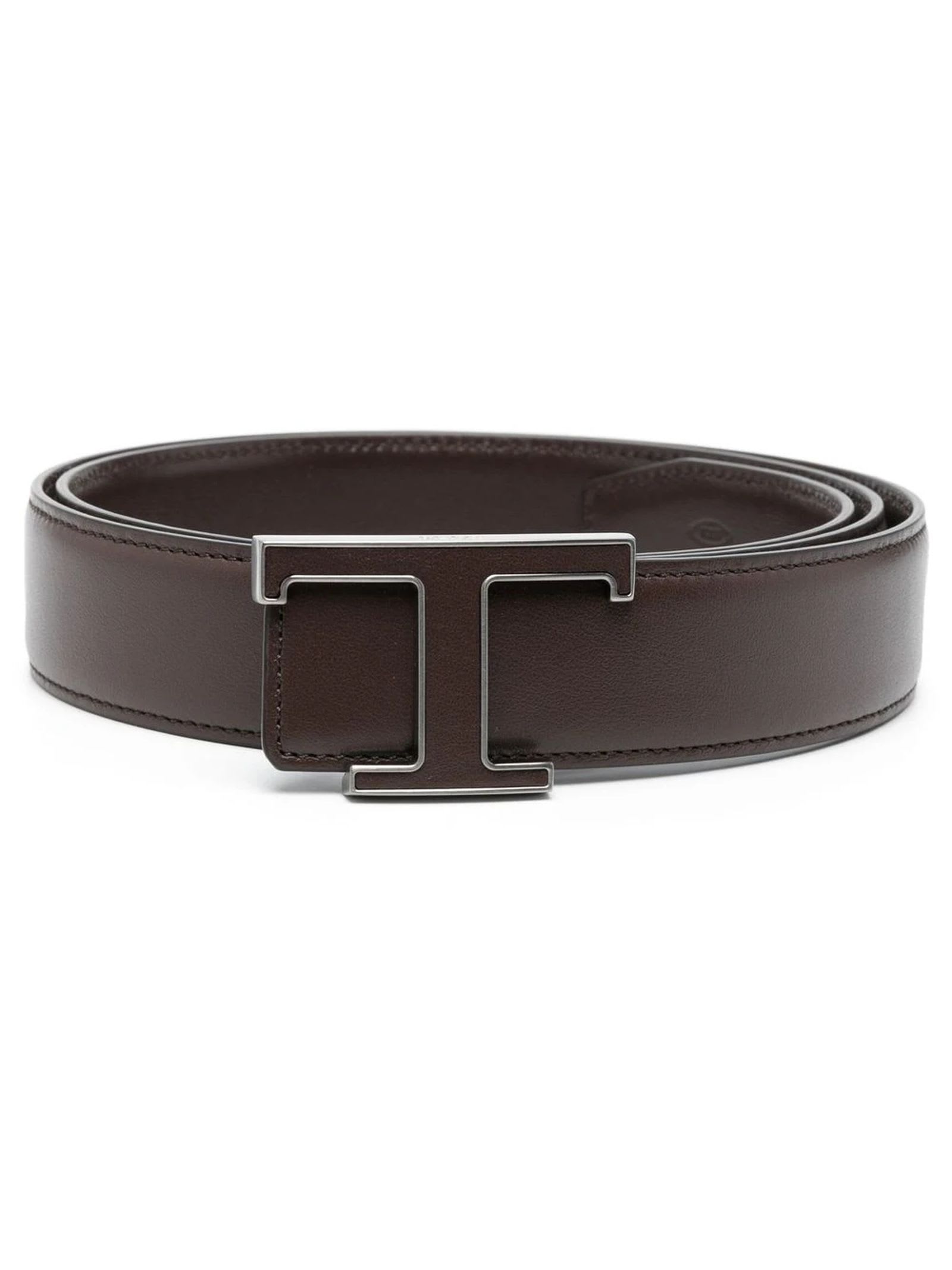 Shop Tod's Dark Brown Calf Leather T Timeless Belt