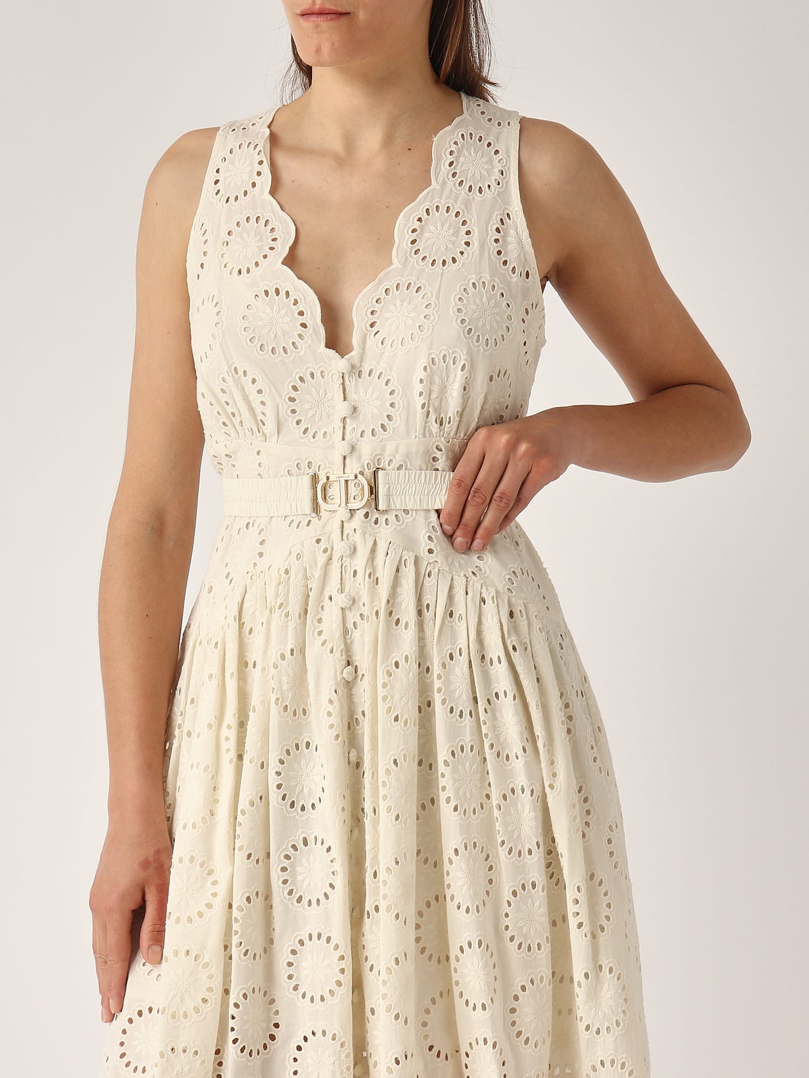 Twinset White Long Dress With V-neck And Waist Belt With Metallic Logo Plaque In Cotton Woman In Neutral