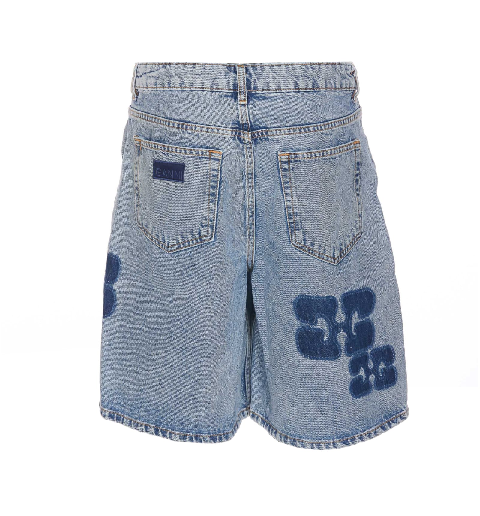 Shop Ganni Patch Denim Shorts In Azzurro