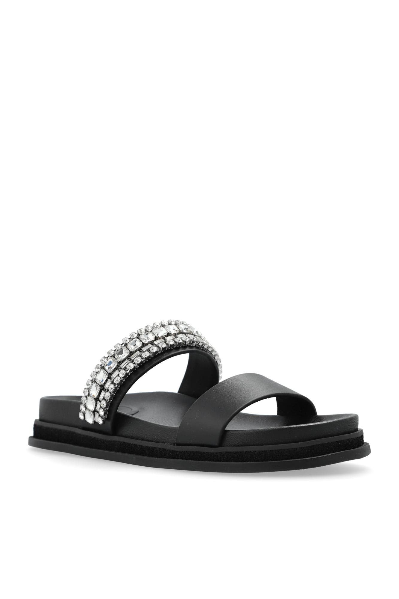 Jimmy Choo Crystal Embellished Leather Flat Sandals In Black
