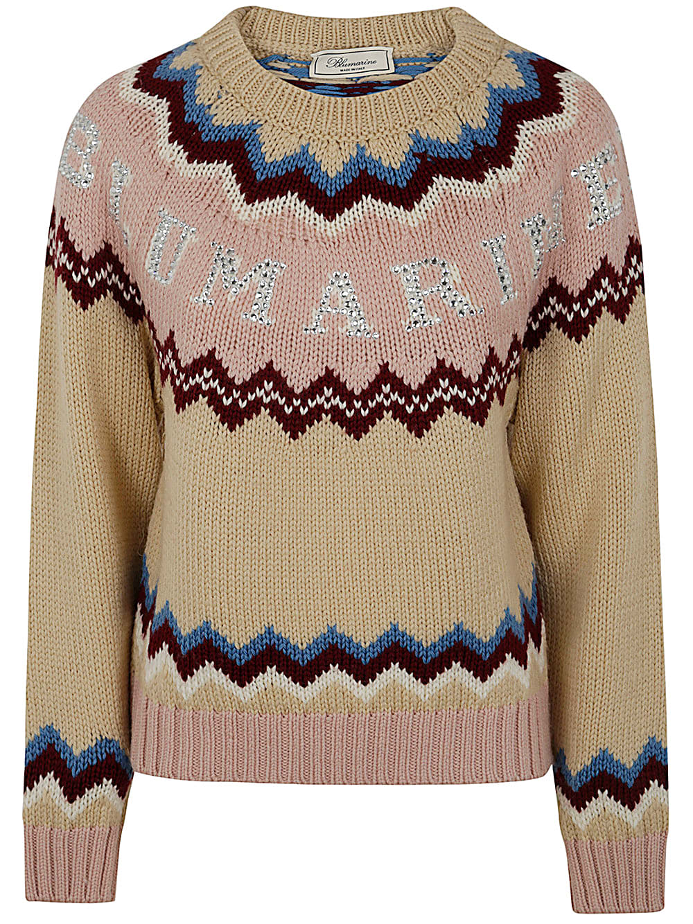 Shop Blumarine Jaquard Crew Neck Sweater In Beige Str Silver Pin