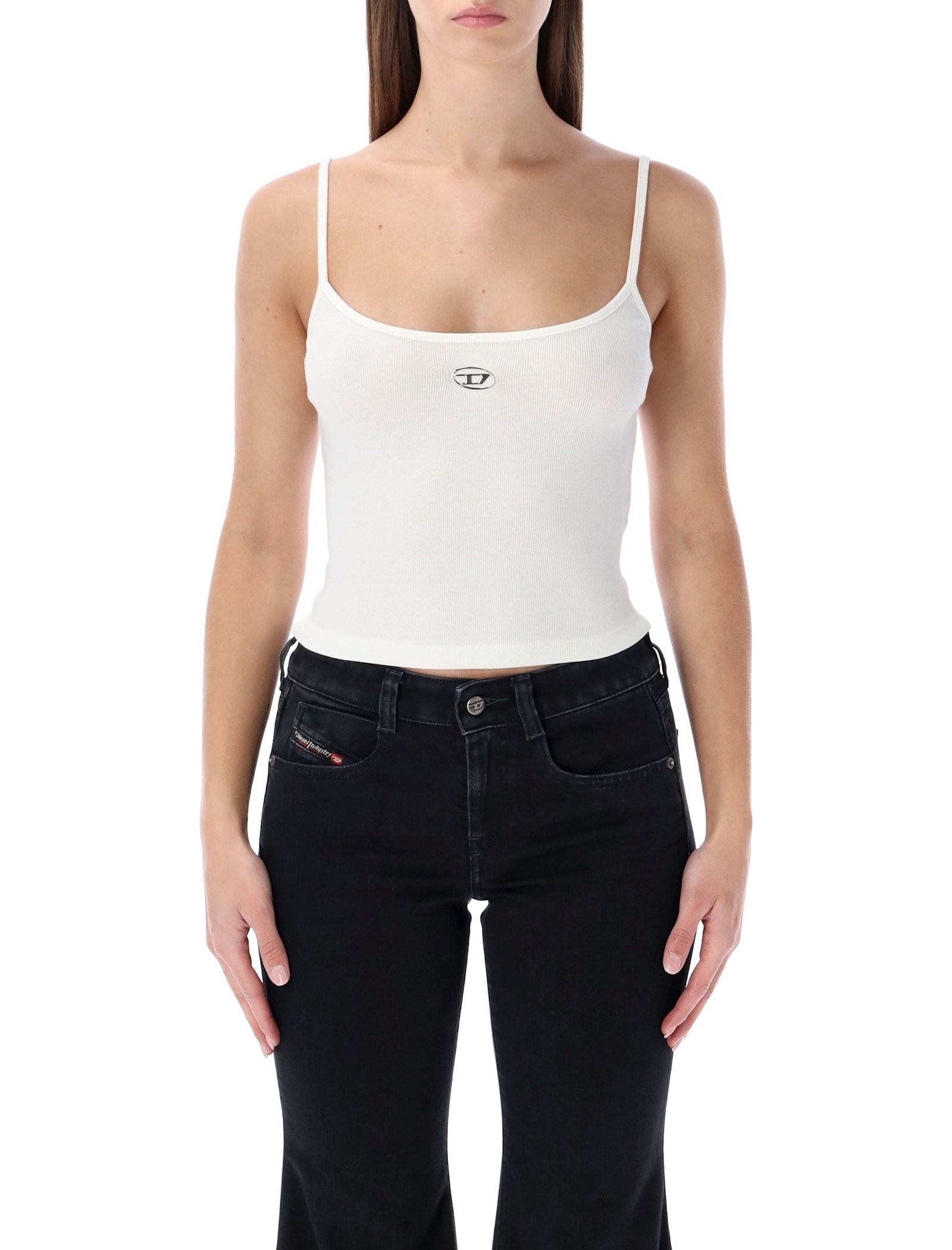 Diesel Ribbed Stretch Cotton Top With Metallic Oval D Logo In White