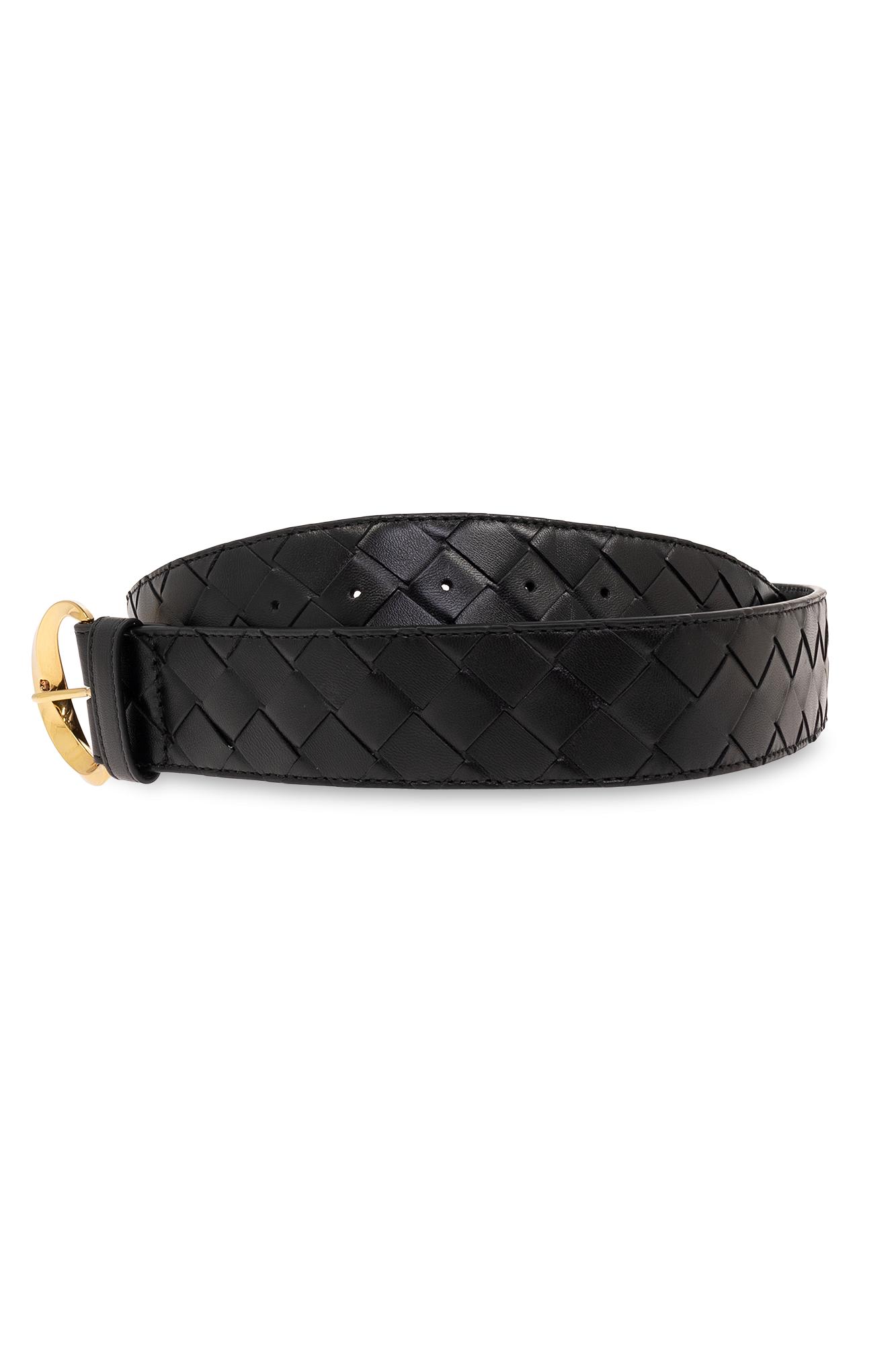 Shop Bottega Veneta Belt With Intrecciato Weave In Black-m Brass