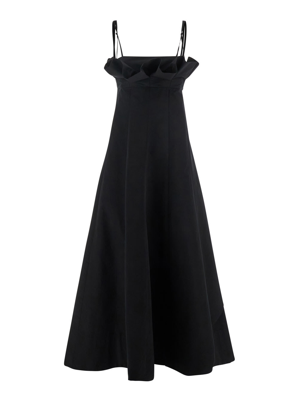 Black Dress With Ruffles And Thin Shoulder Straps In Cotton Blend And Tech Fabric Woman