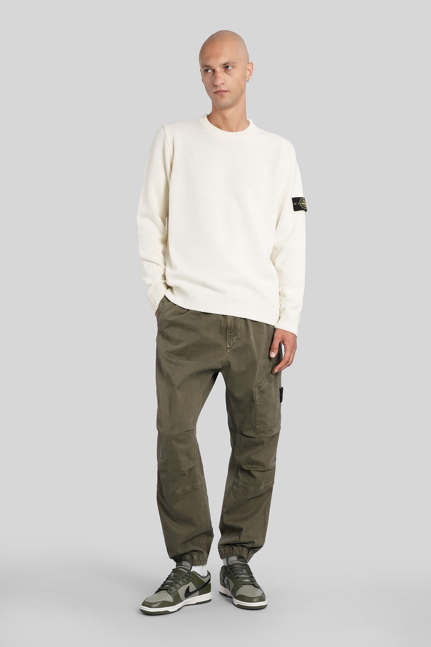 Stone Island Crew Neck Wool Sweater With Reverse Stitch Details In White