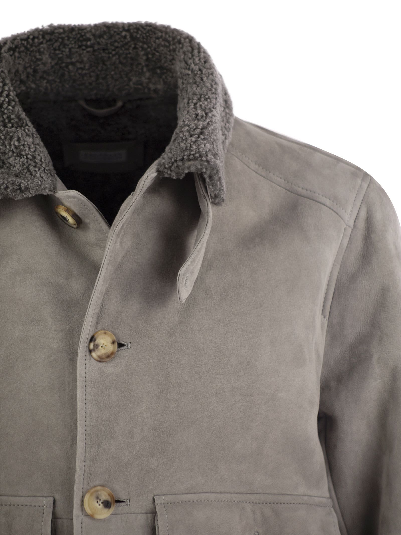 Brunello Cucinelli Sheepskin Bomber Jacket With Wool Details In Grey