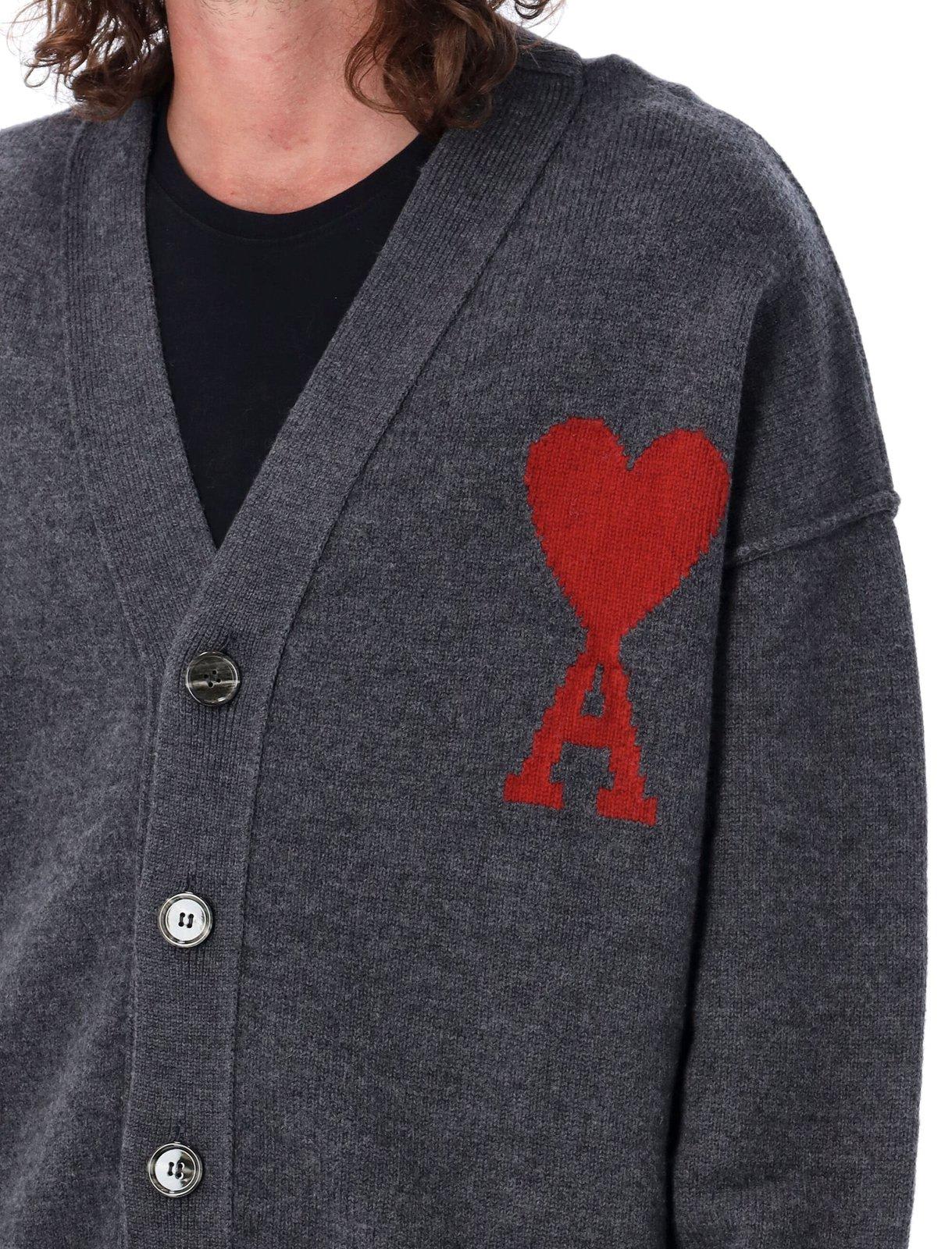 Shop Ami Alexandre Mattiussi Paris De Coeur Logo Intarsia Knitted Buttoned Cardigan In Grey