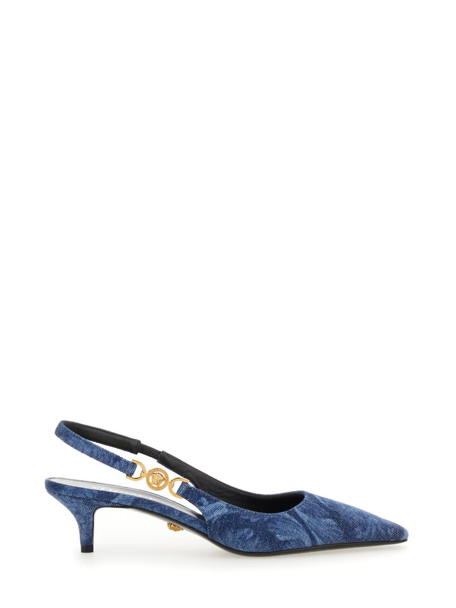 Shop Versace Baroque Denim Low Pumps