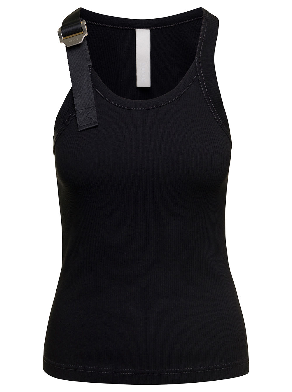 DION LEE BLACK RIBBED TANK TOP WITH BRANDED BUCKLE DETAIL IN STRETCH COTTON WOMAN
