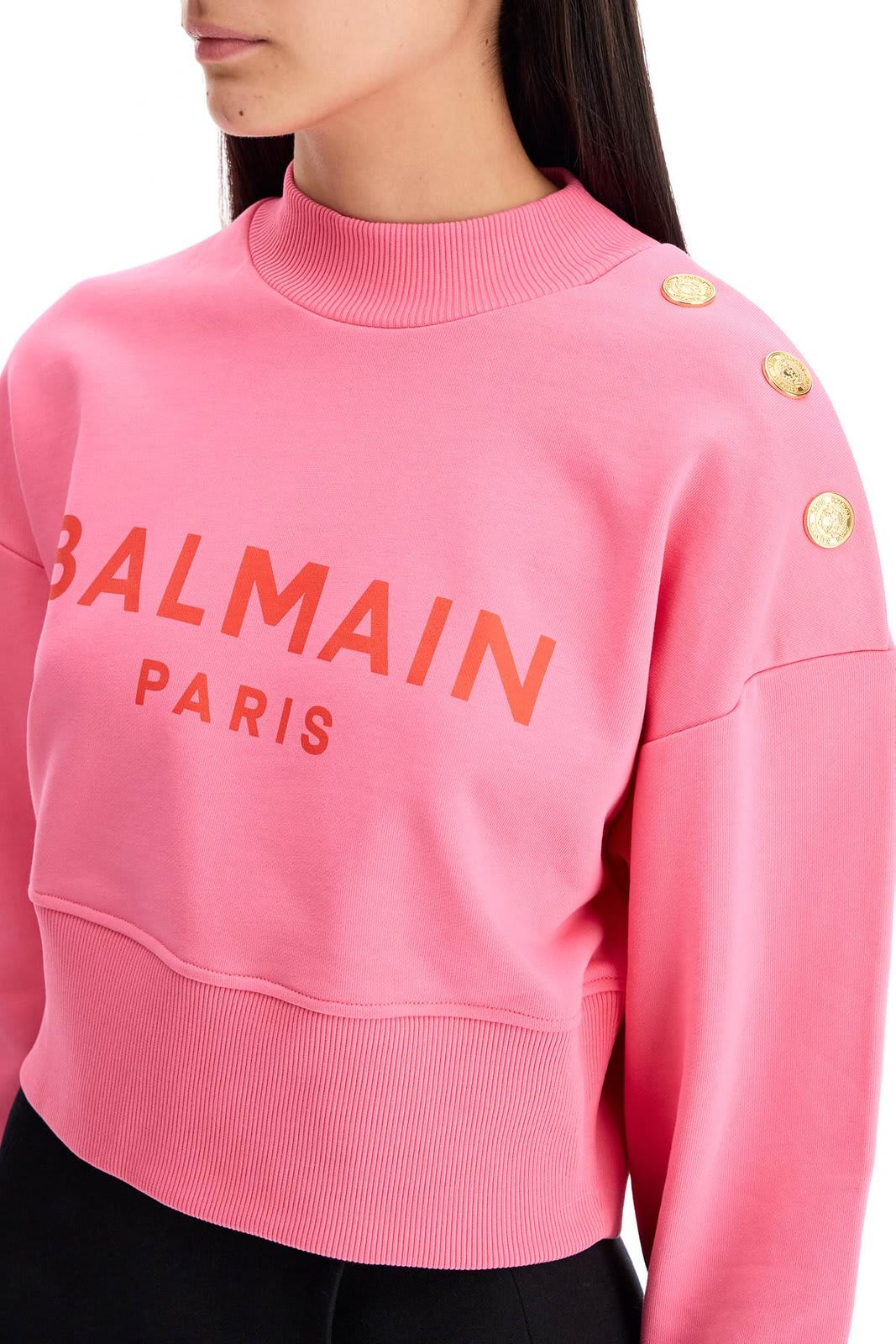 Shop Balmain Logo Printed Crewneck Cropped Sweatshirt In Rosa