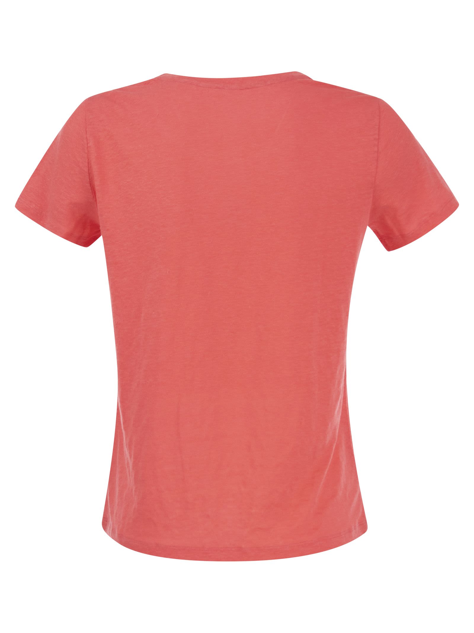Shop Majestic Crew-neck T-shirt In Linen And Short Sleeve In Coral
