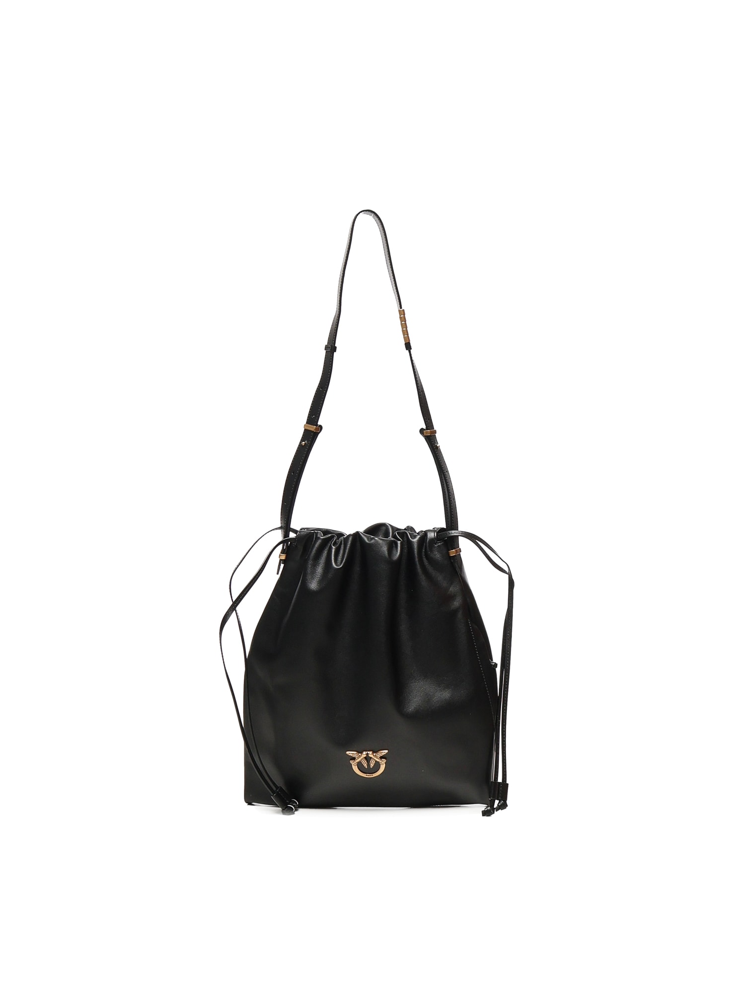 Pinko Drawstring Leather Shoulder Bag In Black