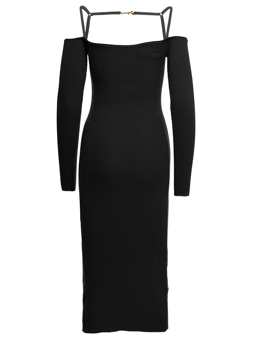 Shop Jacquemus Le Robe Sierra Long Black Ribbed Off-the-shoulder Dress In Viscose Blend Woman