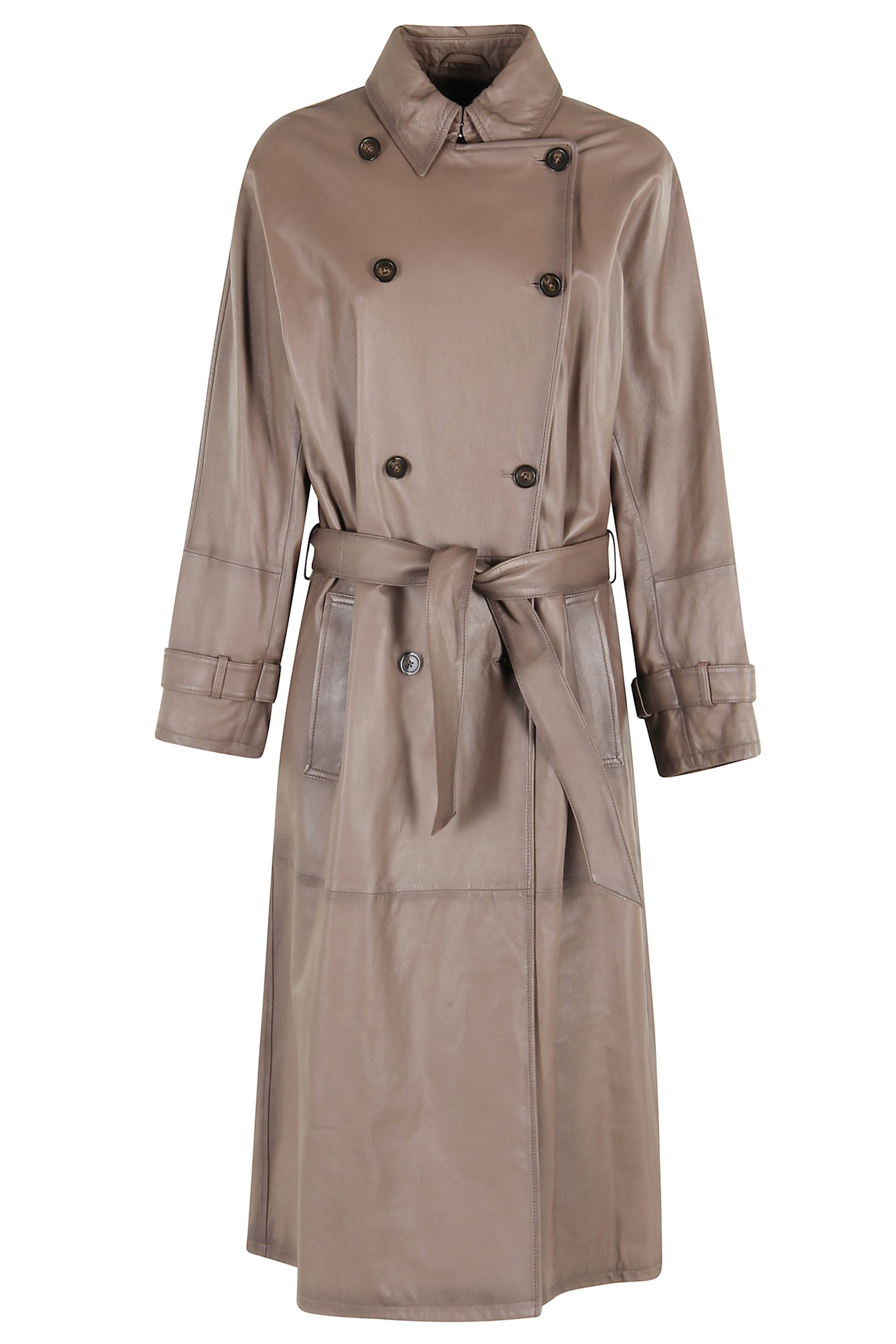 Emporio Armani Beige Double-breasted Leather Trench Coat In Brown
