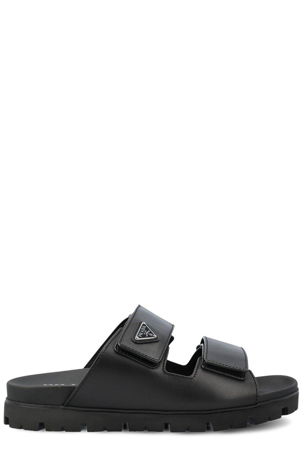 Shop Prada Enamel-triangle Slip-on Sandals