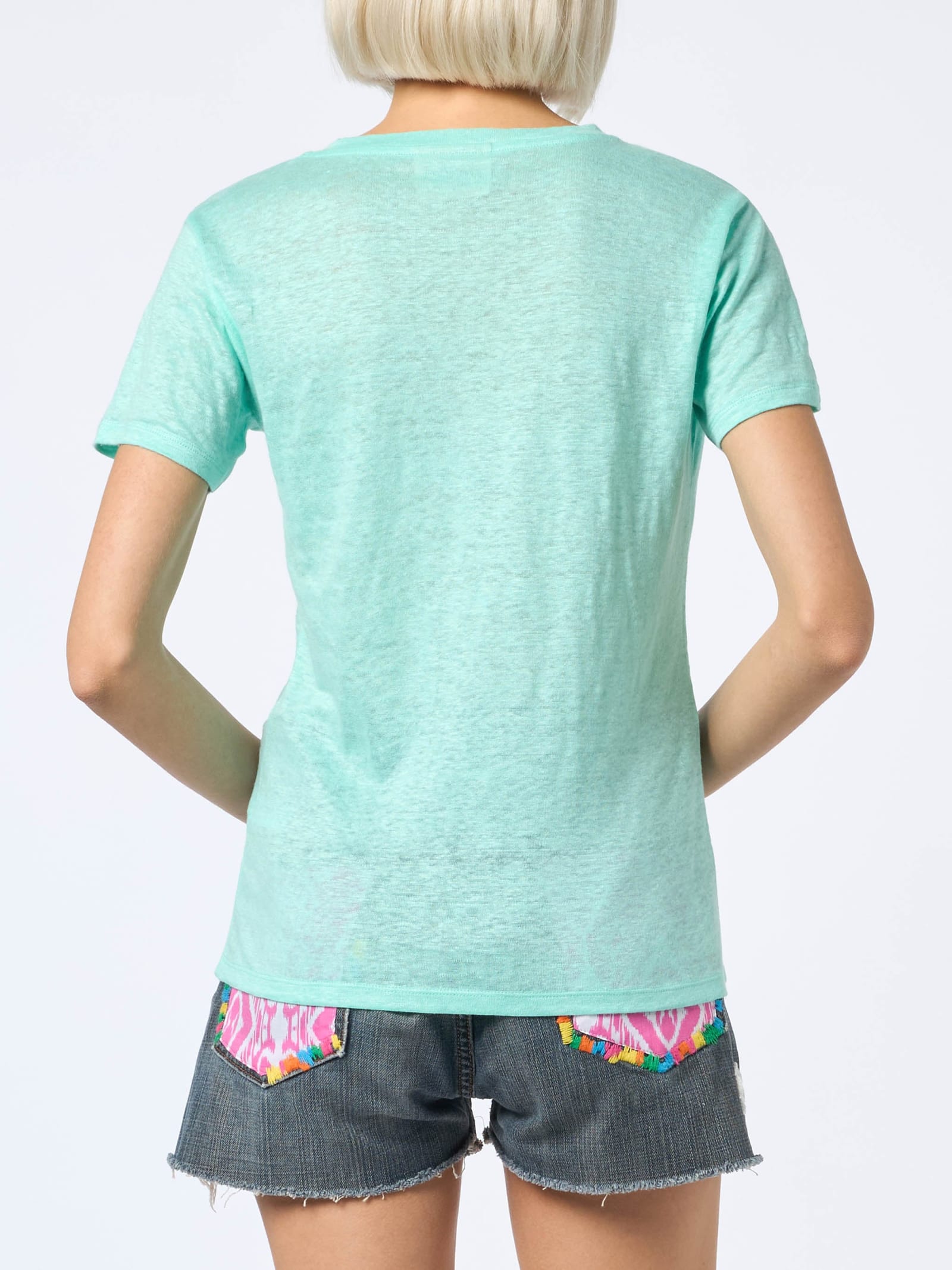 Mc2 Saint Barth Woman Linen Jersey Sage Green V-neck T-shirt Eloise In Green