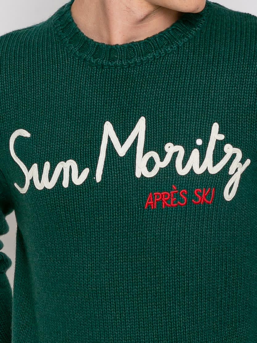 Shop Mc2 Saint Barth Man Blended Cashmere Sweater With Sun Moritz Embroidery In Green