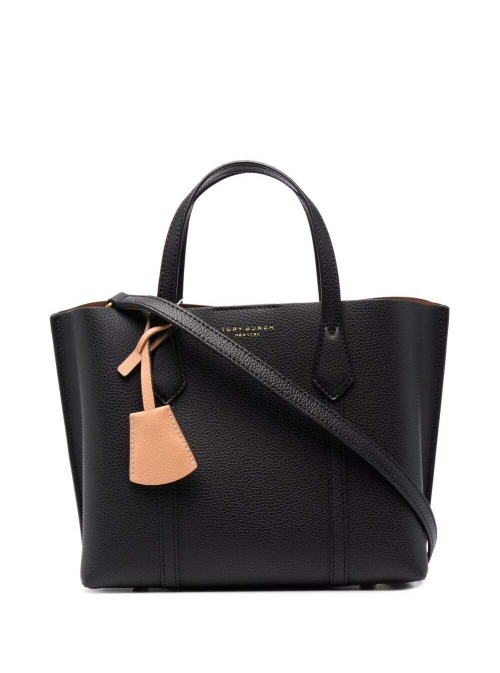 Shop Tory Burch Perry Small Black Tote Bag With Removable Shoulder Strap In Grainy Leather Woman