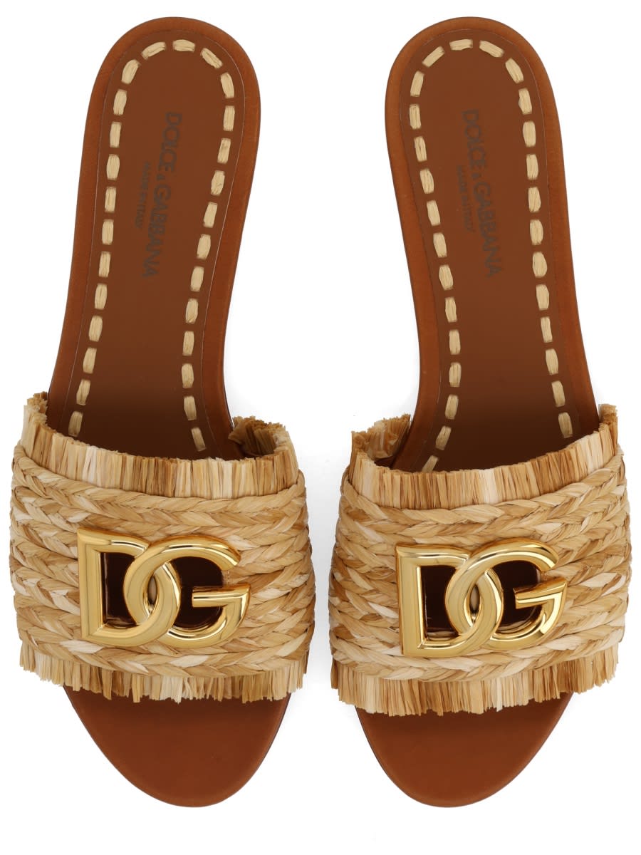 Dolce & Gabbana Ciabatte In Rafia Con Logo Oro Dolce E Gabbana In Brown
