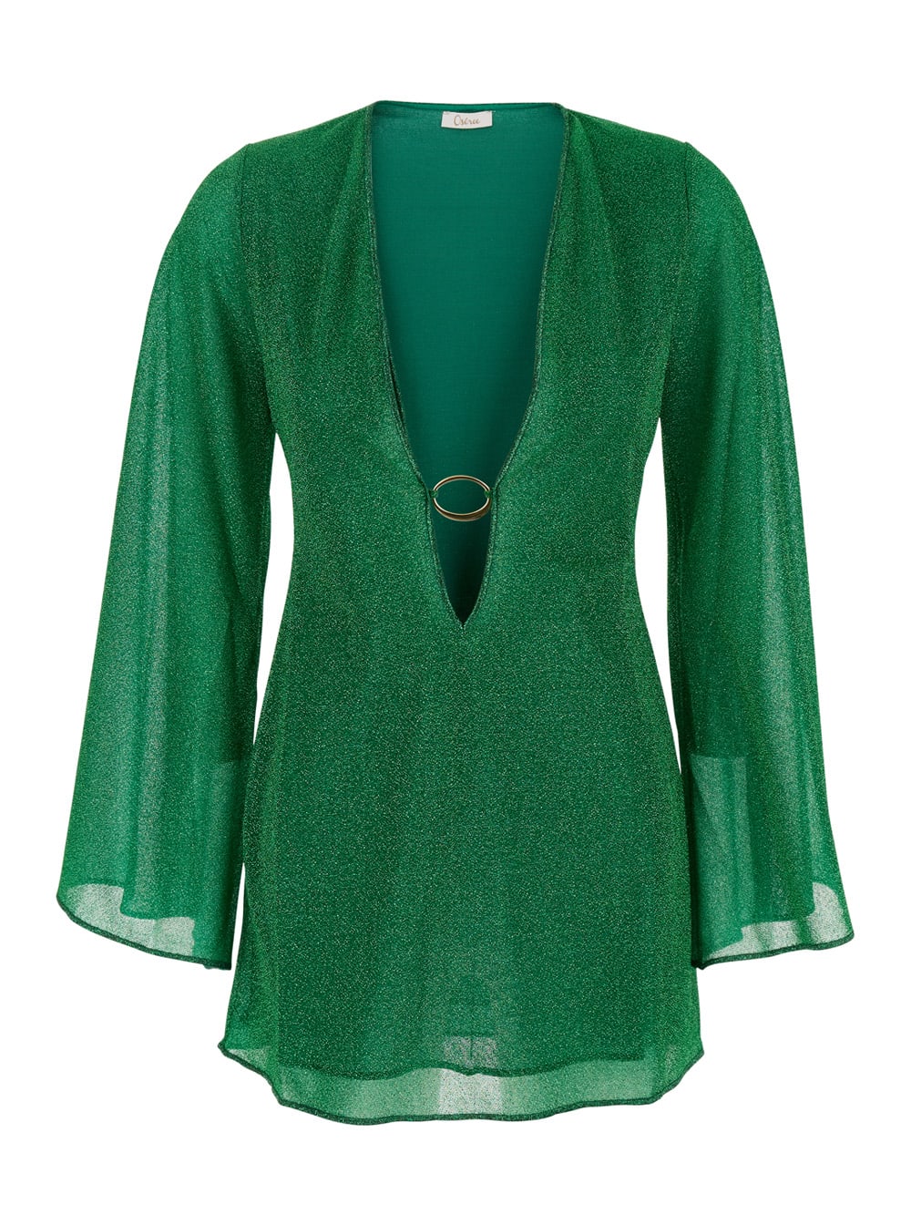 lumiere O-kaftan Green Kaftan With Plunging V Neck And Ring Metalware Detail On The Front In Tech Fabric Woman