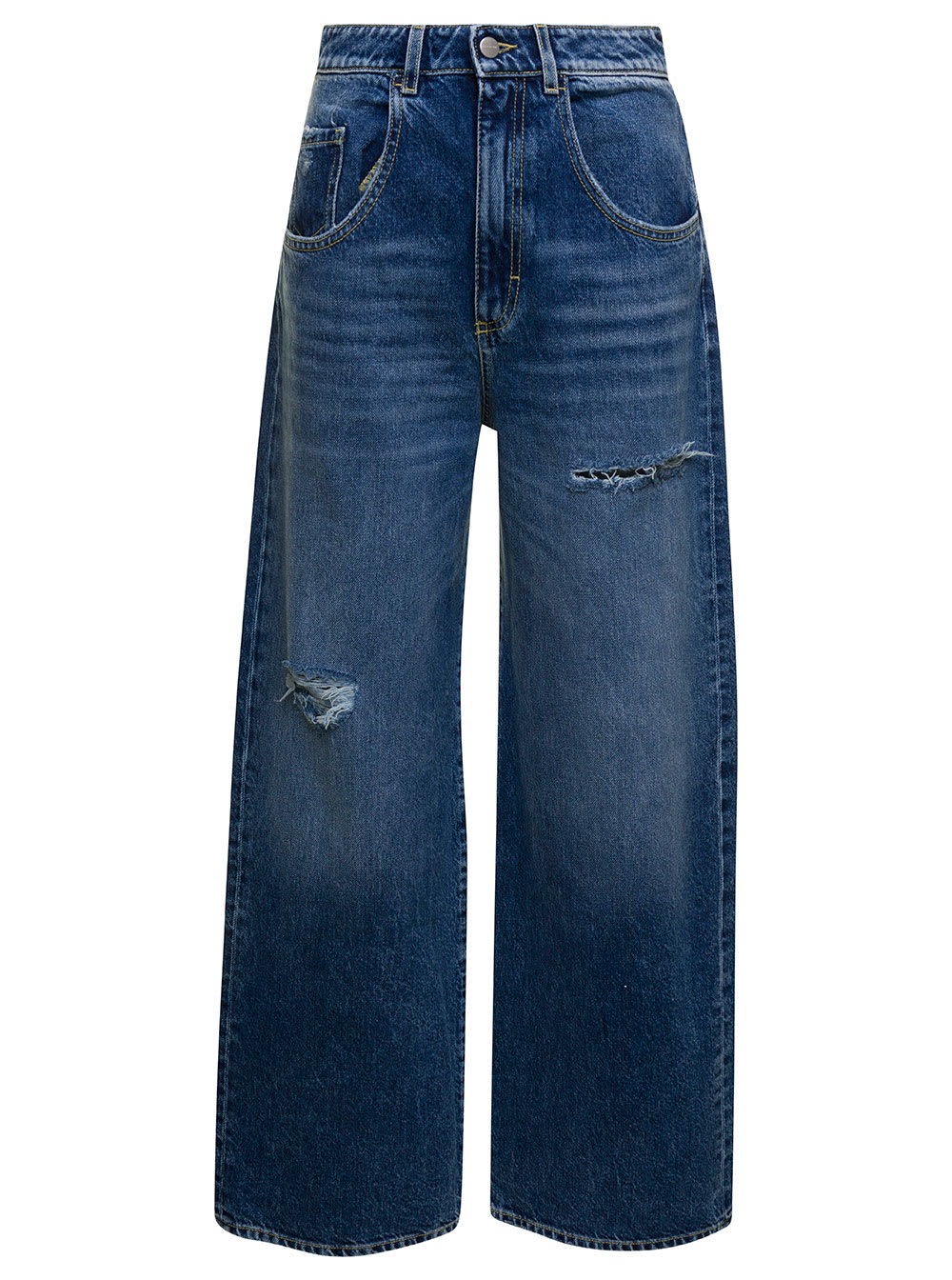 Icon Denim poppy Blue Wide Leg Jeans With Rips In Cotton Denim Woman