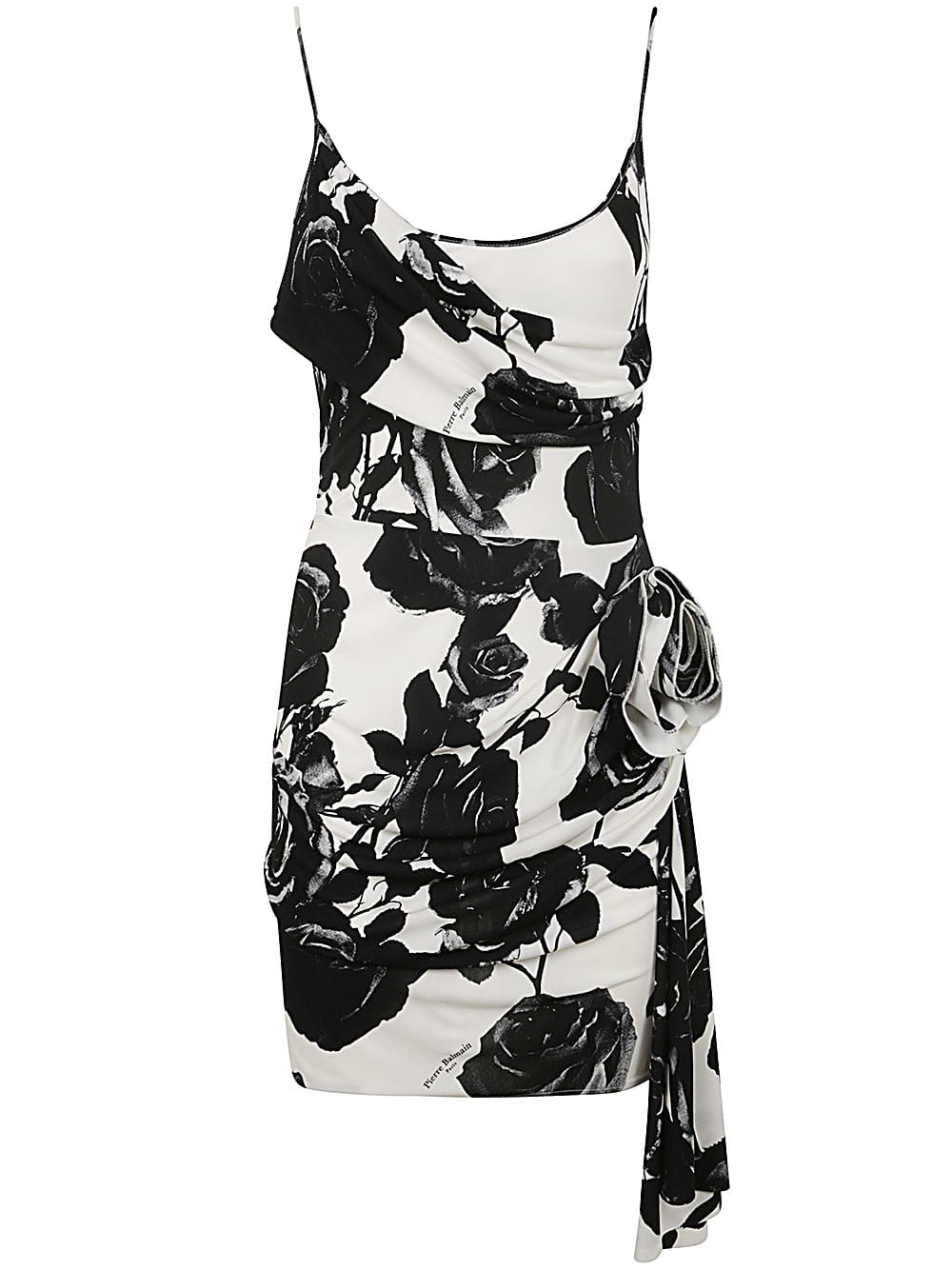 Shop Balmain Thin Strap Rose Print Draped Short Dress In Gab Gab Blanc Noir