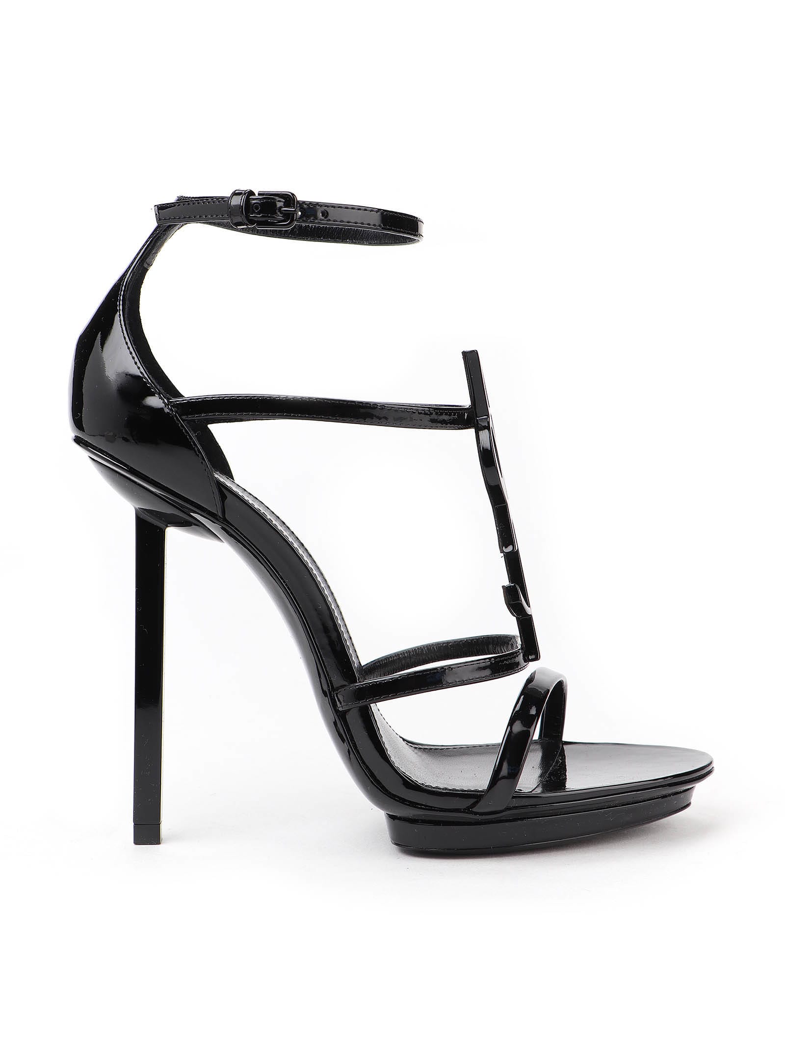 Saint Laurent Cassandra Patent Leather Sandals In Nero