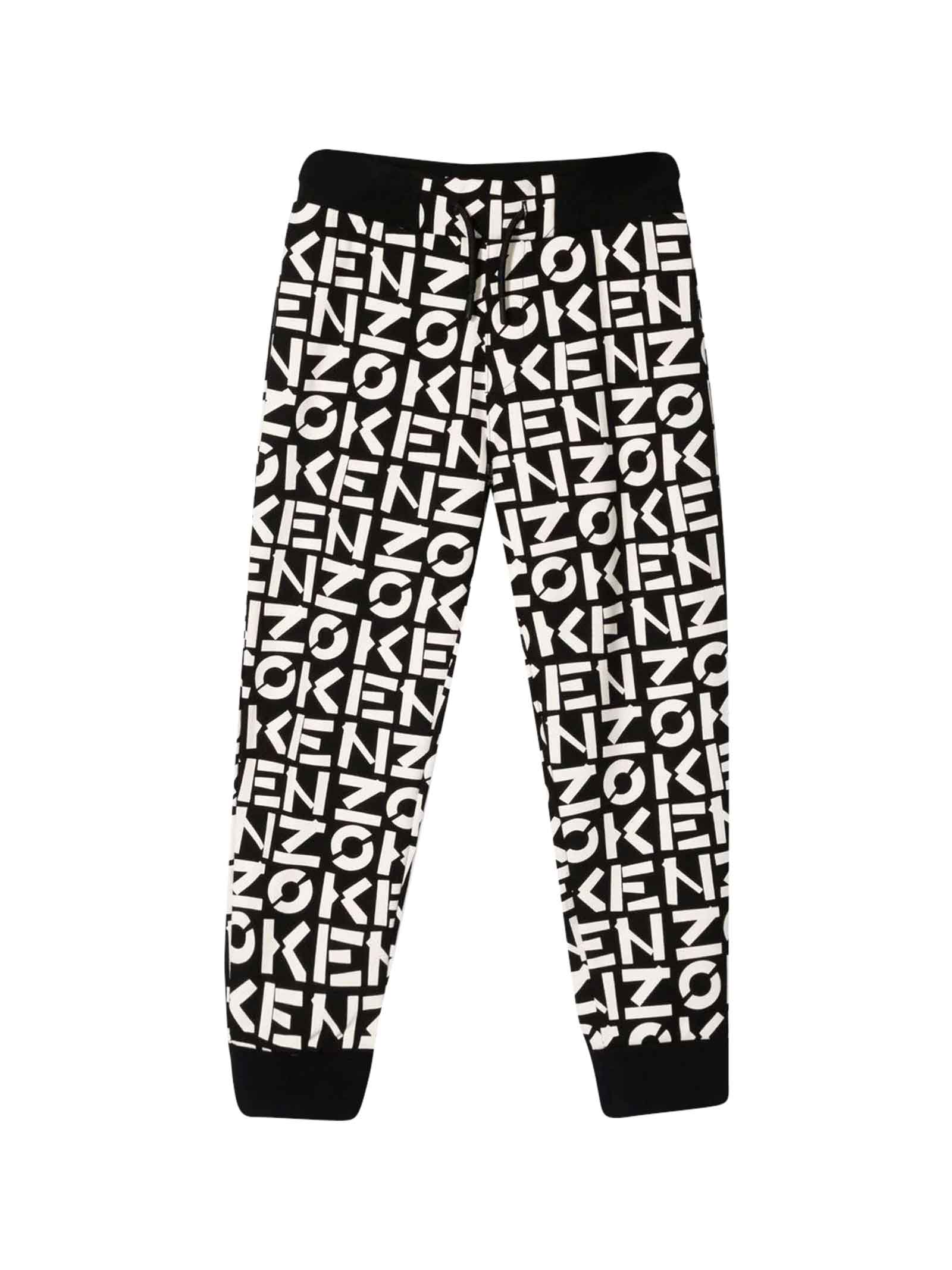 Kenzo Kids Black And White Boys Sports Trousers, All-over Logo Print, Drawstring Waist, Straight Cut And Elasticated Cuffs By.