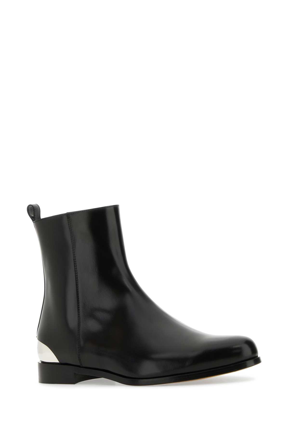Alexander Mcqueen Black Leather Ankle Boots In Blacksilver