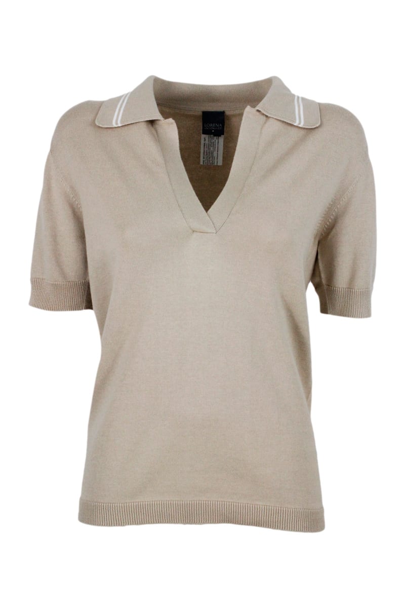 Shop Lorena Antoniazzi Short-sleeved Polo T-shirt In Cotton And Cashmere In Beige