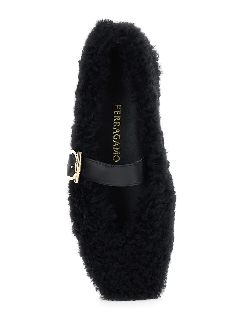Ferragamo Black Ballerinas With Shearling Design And Buckle In Leather Woman In Black