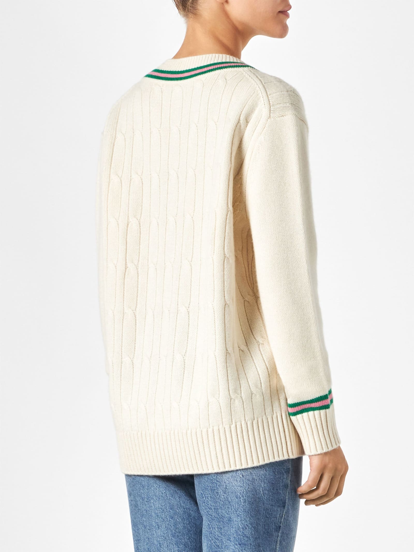 Shop Mc2 Saint Barth Woman V-neck Braided Sweater With Patch In White