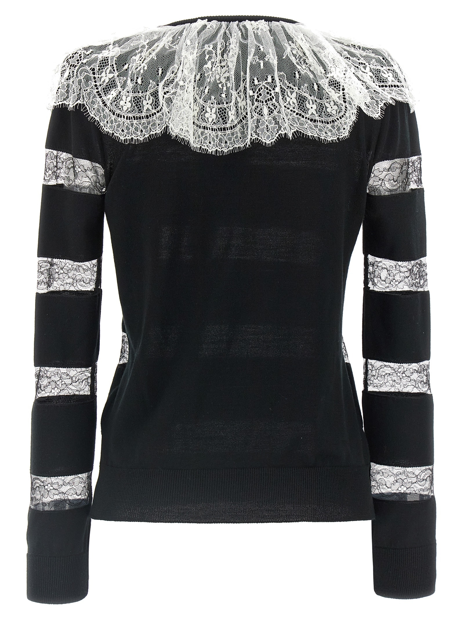Valentino Bow-embellished Striped Lace-trimmed Wool Sweater In White/black