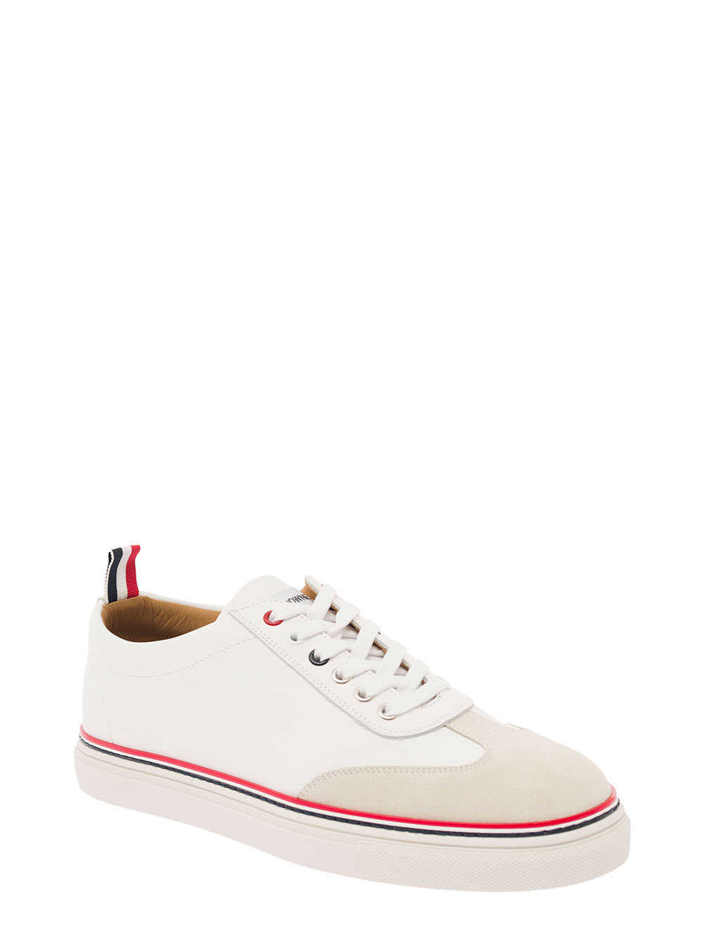 Shop Thom Browne White Low Top Sneakers With Suede And Tricolor Detail In Leather Man
