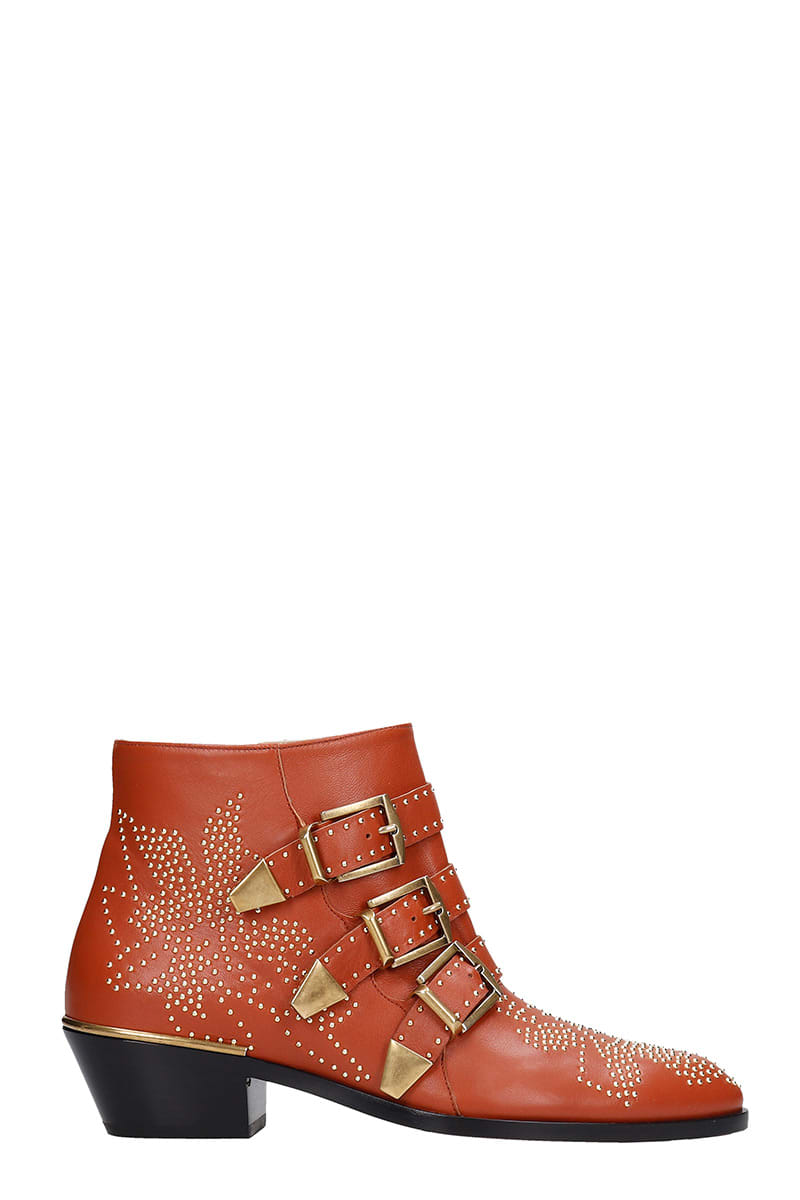 Chloé Susanna Low Heels Ankle Boots In Orange Leather