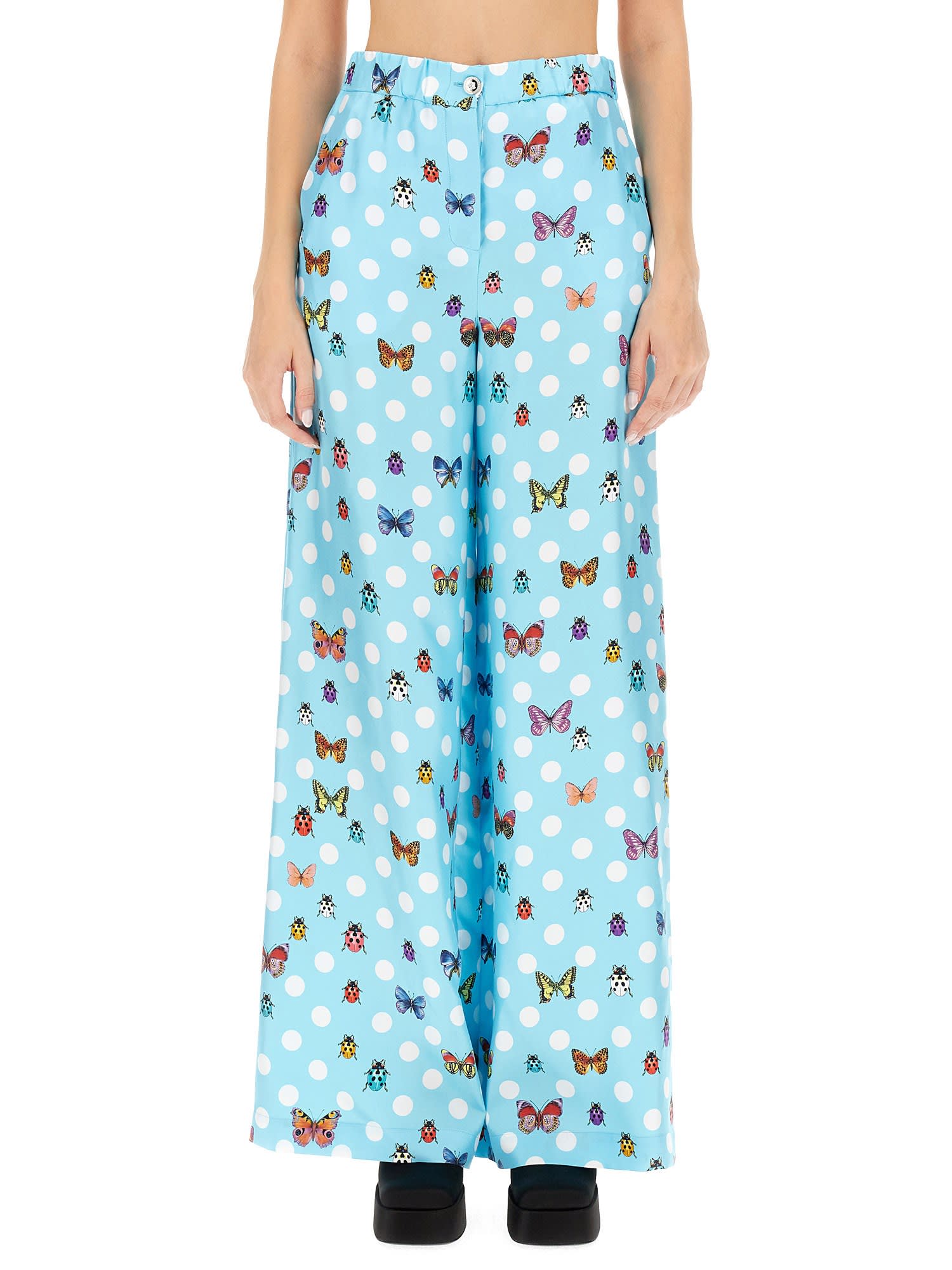 Versace Printed Silk Twill Wide Pants In Blue