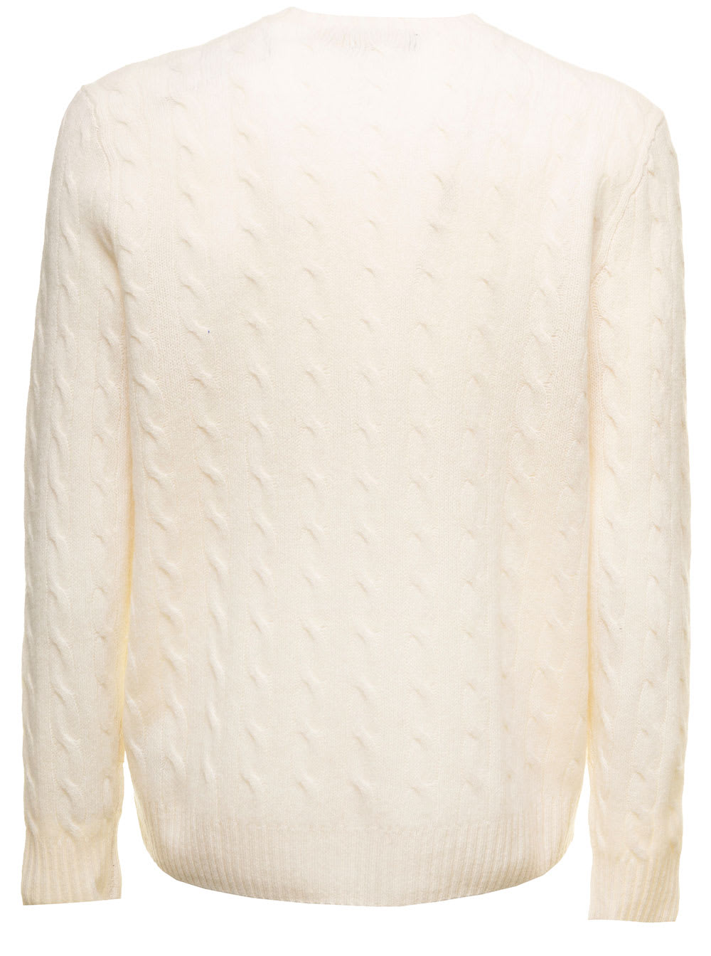 Shop Polo Ralph Lauren White Cable-knit Crewneck Sweater With Front Contrasting Logo Embroidery In Wool And Cashmere Man