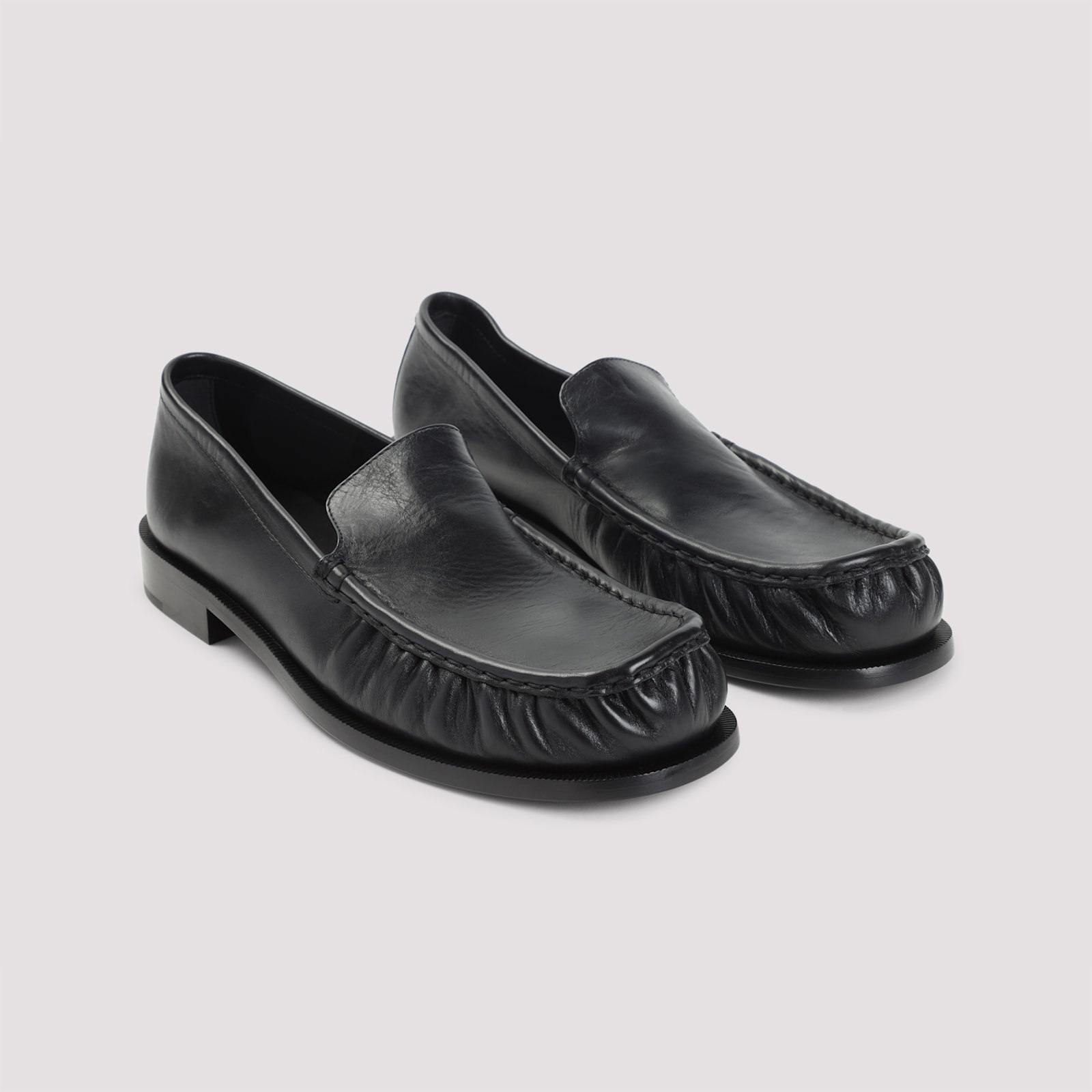 Dries Van Noten Squared Toe Black Leather Loafers With Embossed Stitching In Black