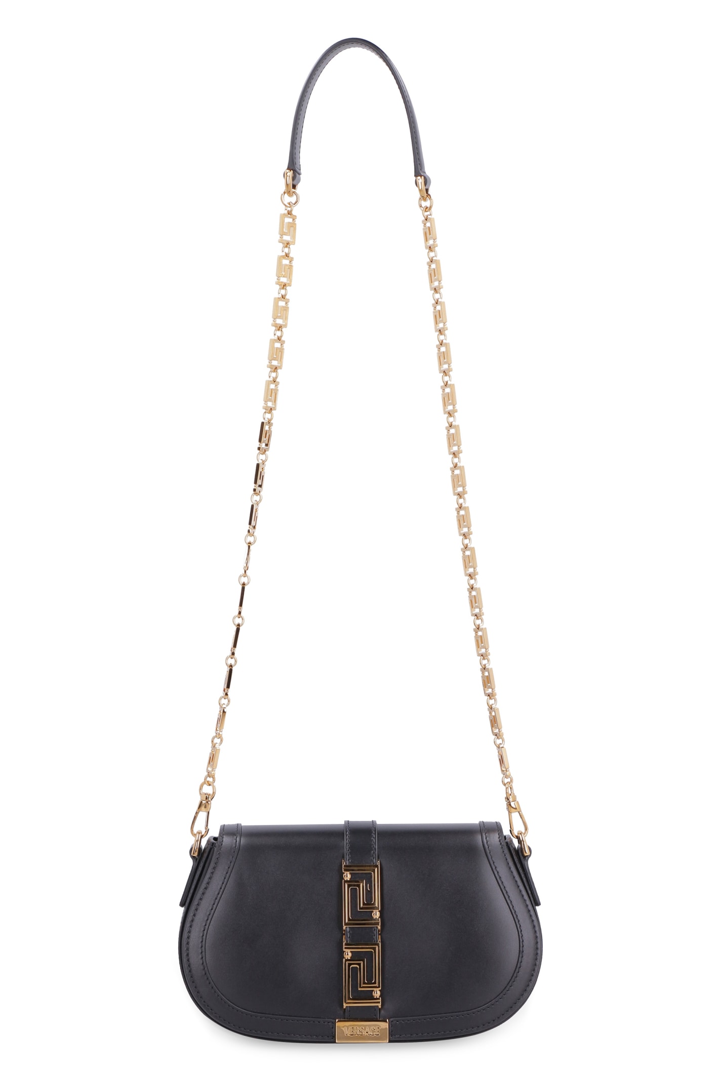 Shop Versace Greca Goddess Leather Crossbody Bag In Black