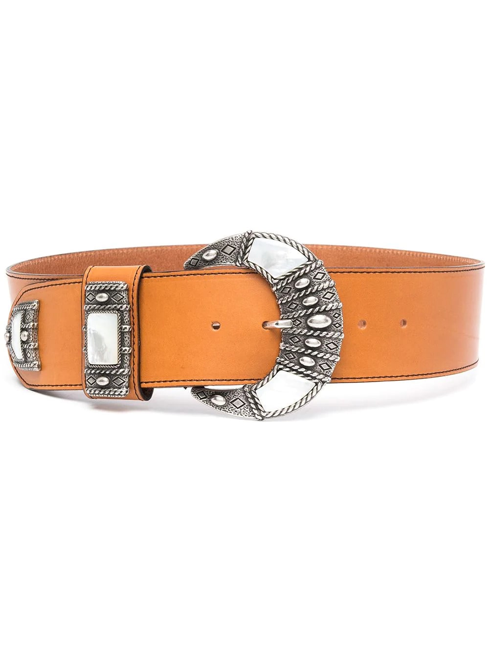 Etro Woman Belt In Orange Leather With Carved Buckle And Mother Of Pearl Applications