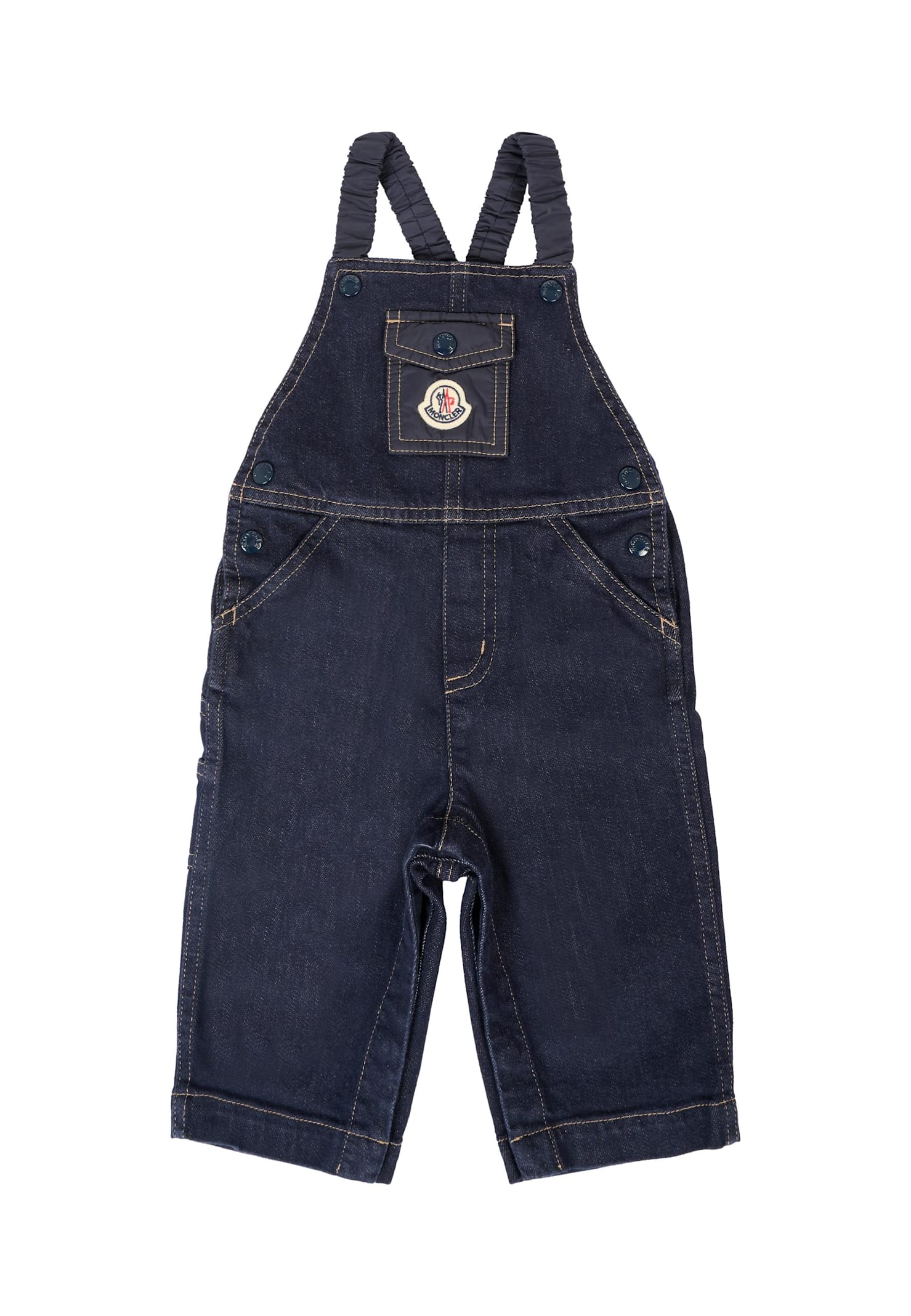 Moncler Denim Dungarees For Baby Boy With Logo In Blue
