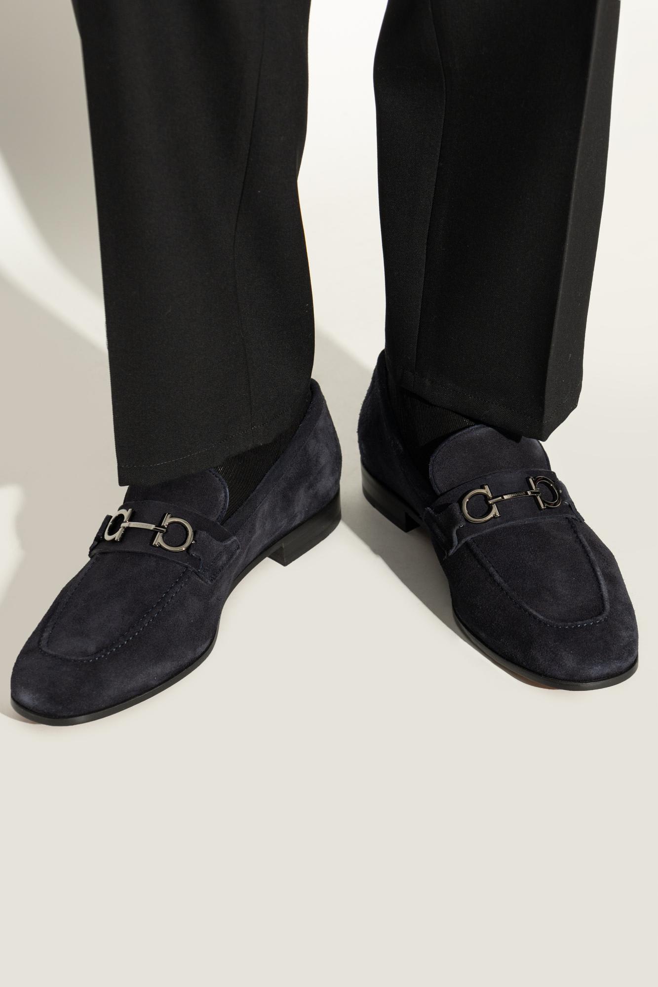 Ferragamo Balty Gancini Buckle Suede Loafers In Blue