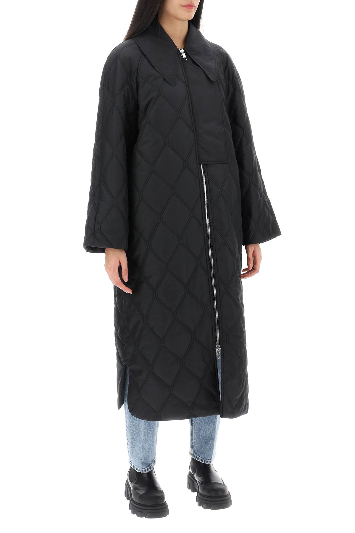 Shop Ganni Quilted Oversized Coat In Black (black)