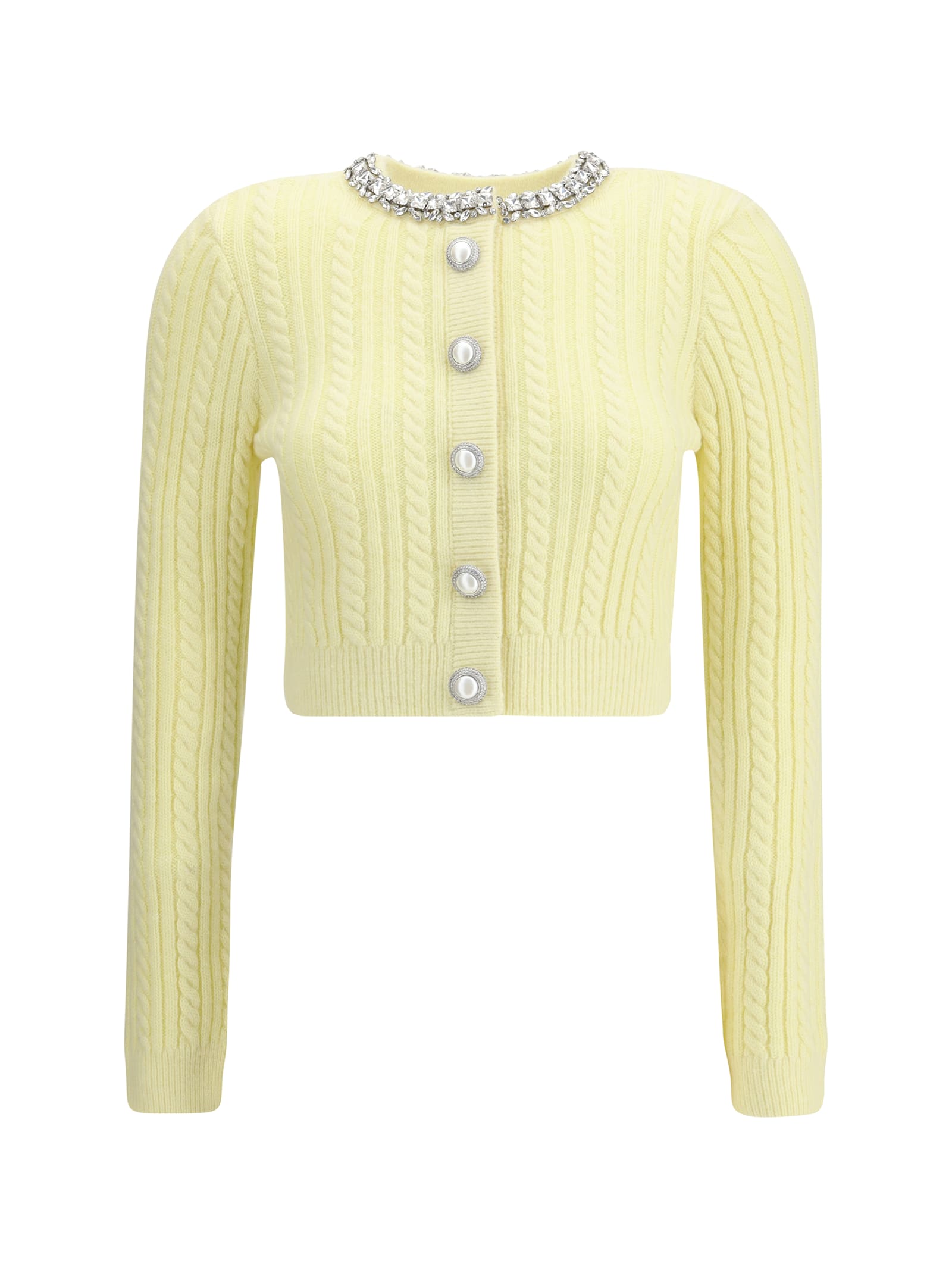 Self-portrait Wool Blend Cardigan With Rhinestones In Yellow