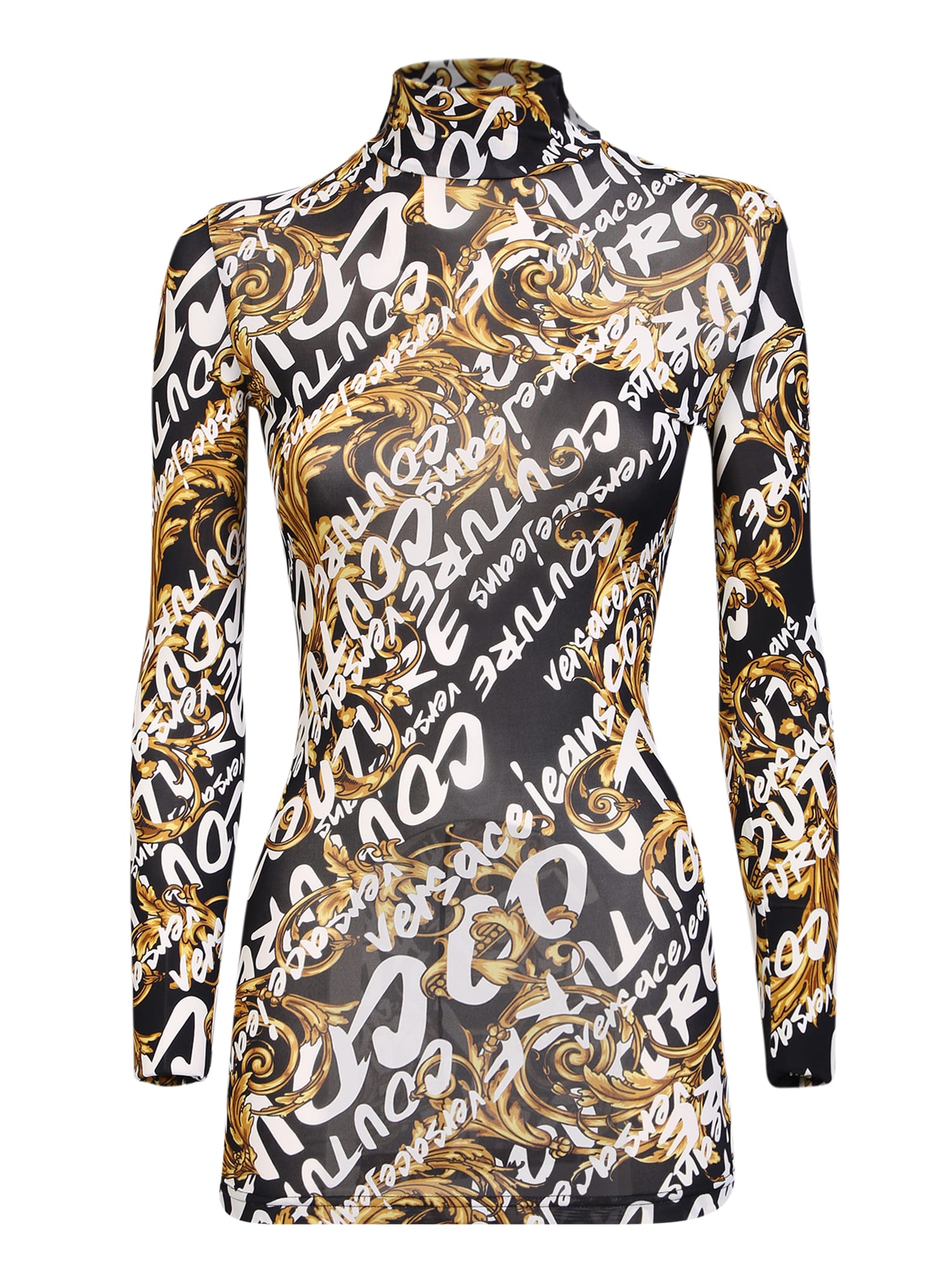 Versace Jeans Couture High Neck Top With All-over Logo And Baroque Print