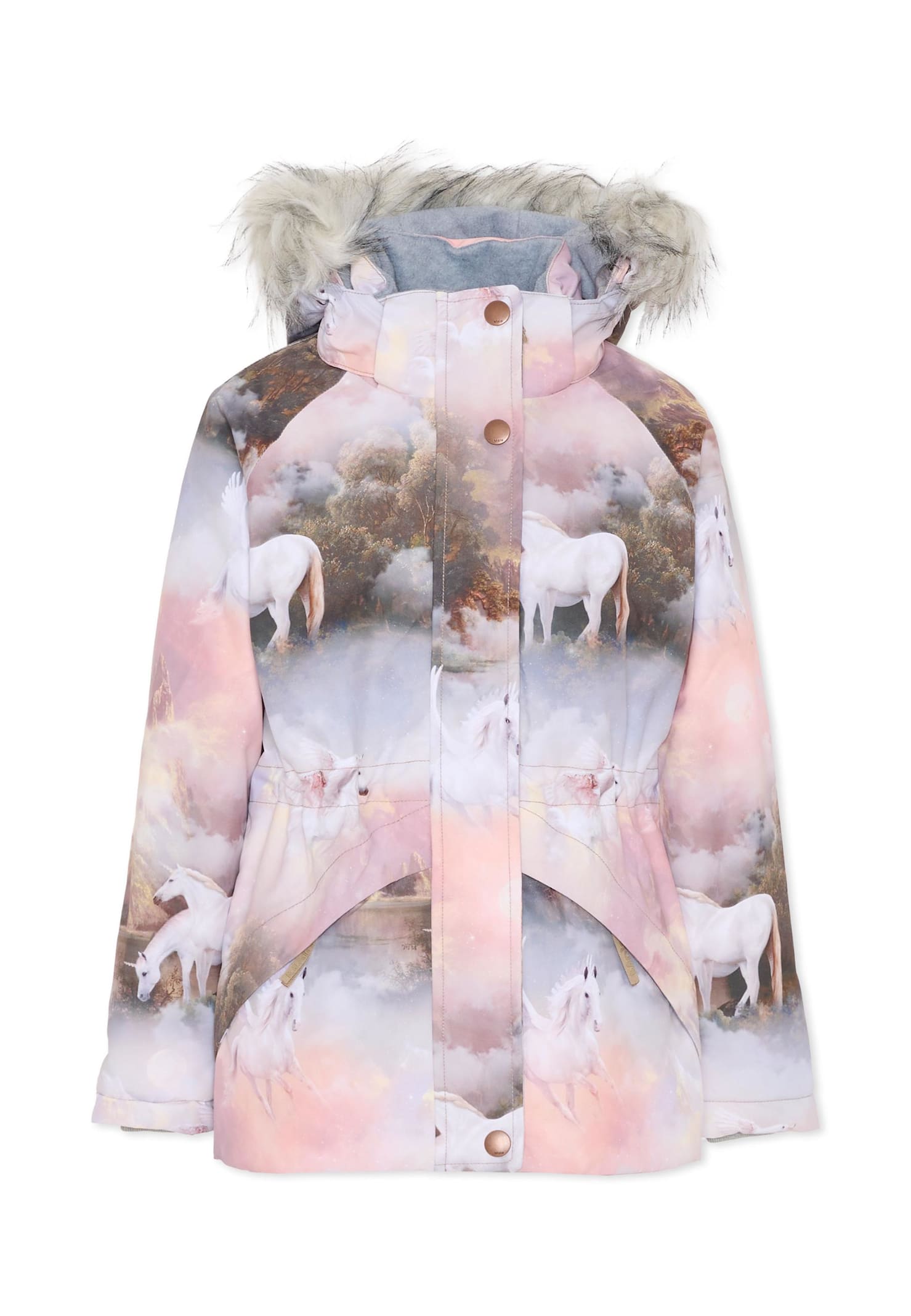 Molo Pink Down Snow Jacket For Girl With Unicorn In Multi
