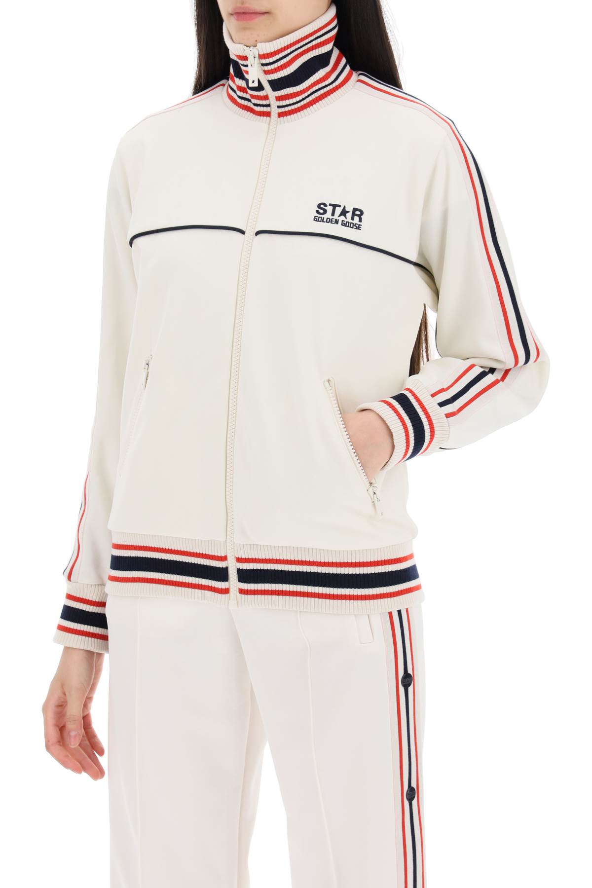 Shop Golden Goose Track Sweatshirt With Contrasting Hem Edges In Papyrus Dark Blue (white)